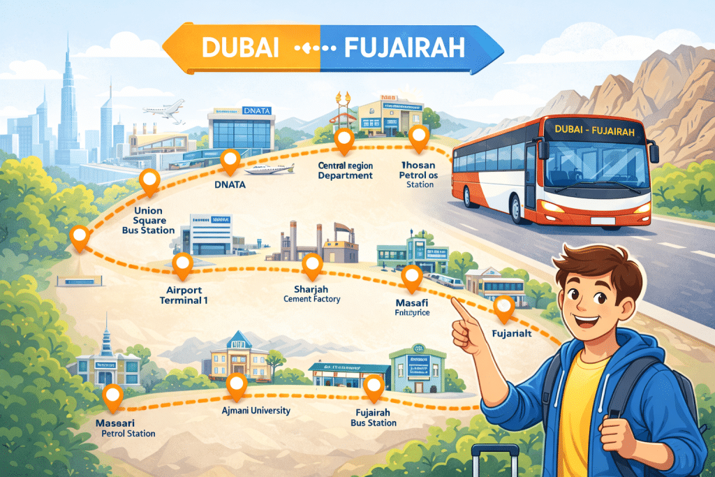 Dubai to Fujairah bus route map illustration with stops via Sharjah and Masafi