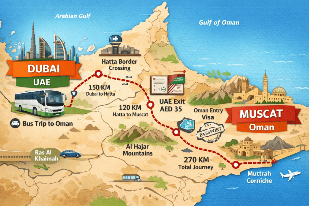 Dubai to Oman bus route map showing distance, Hatta border crossing, UAE exit fee, and Muscat destination