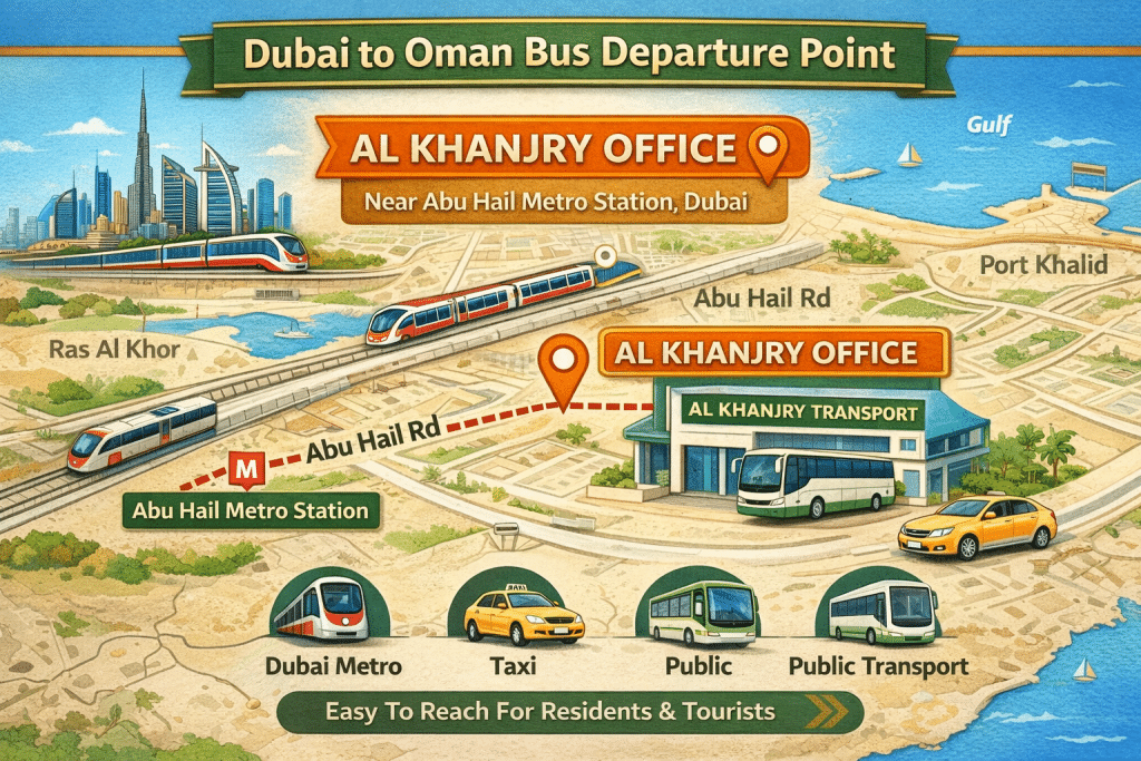 Dubai to Oman bus departure point map showing Al Khanjry Office near Abu Hail Metro Station with transport routes