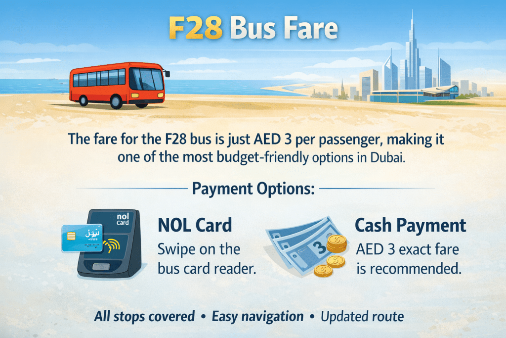F28 bus fare Dubai AED 3 infographic showing NOL card and cash payment options for public transport