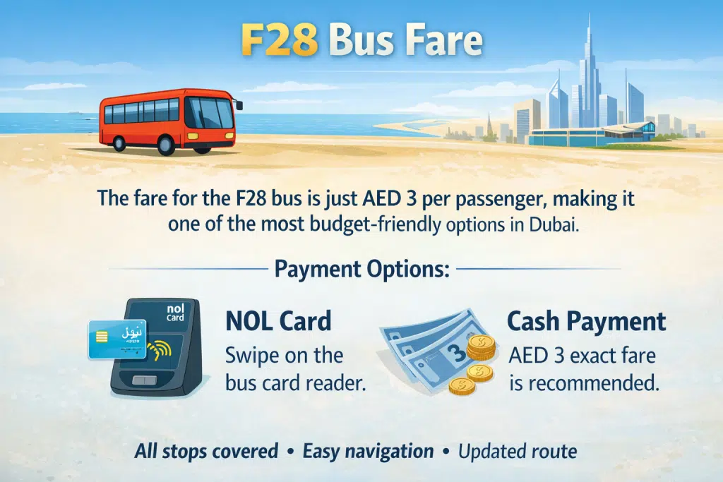 F28 bus fare Dubai AED 3 infographic showing NOL card and cash payment options for public transport
