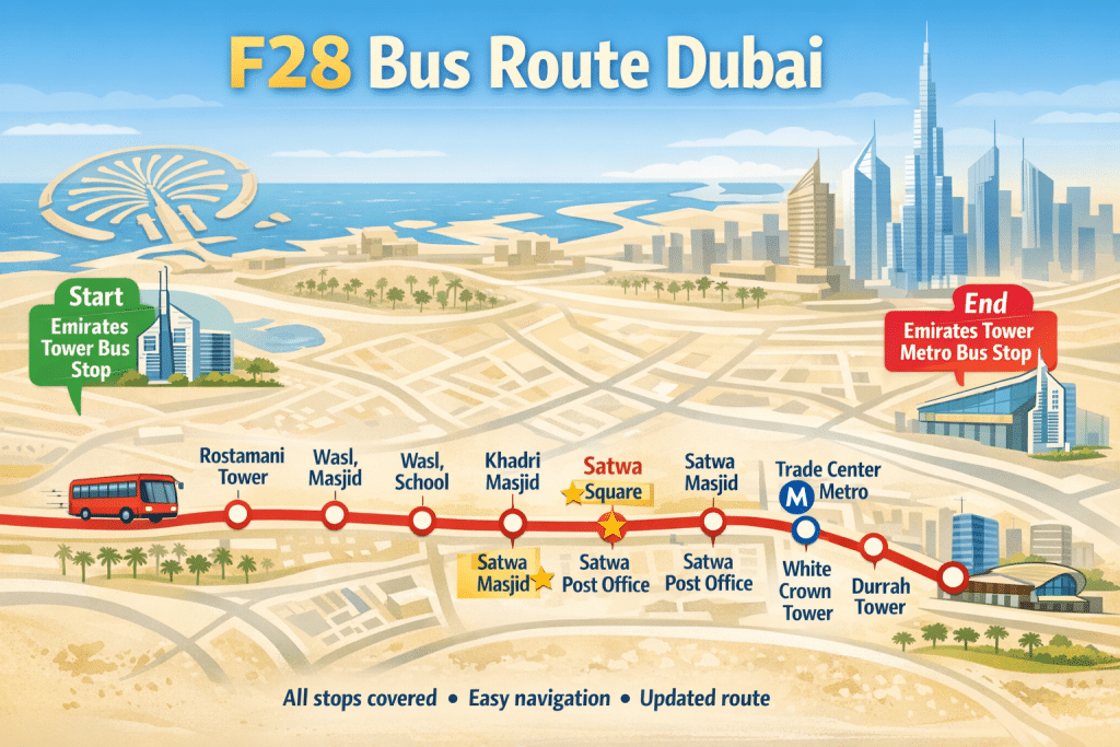 F28 bus route Dubai map showing all stops from Emirates Tower Bus Stop Seaside to Emirates Tower Metro Bus Stop via Satwa and Trade Center Metro