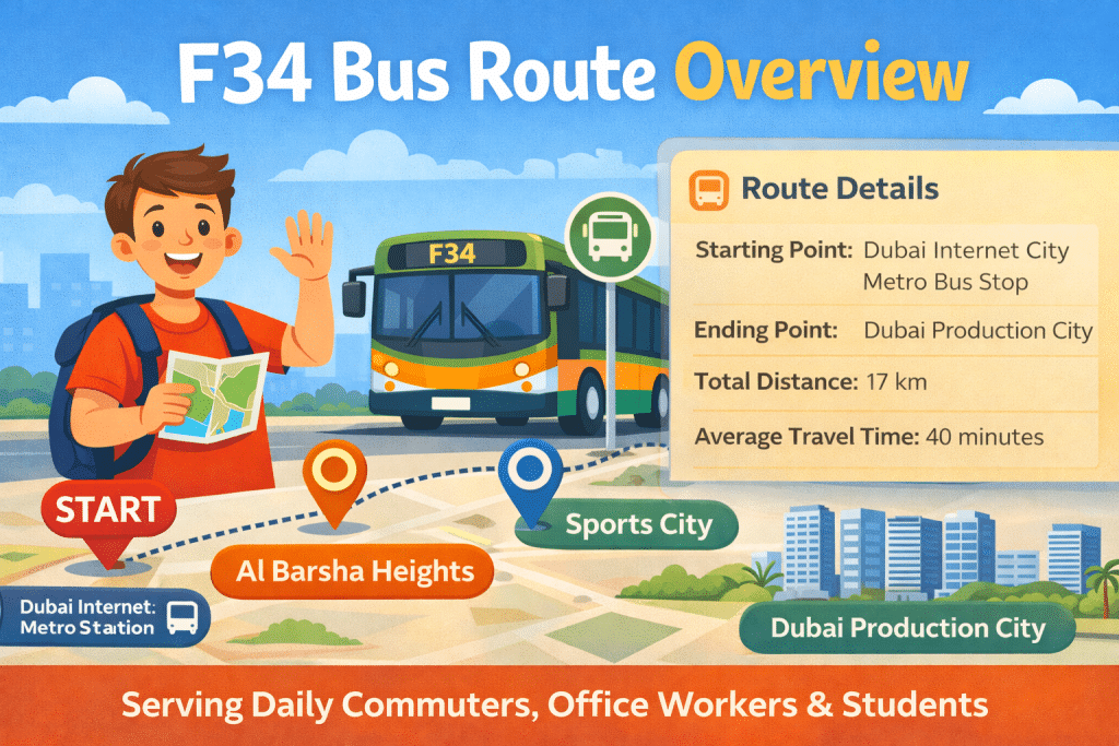 F34 bus route overview Dubai showing Internet City to Dubai Production City with distance travel time and stops illustration