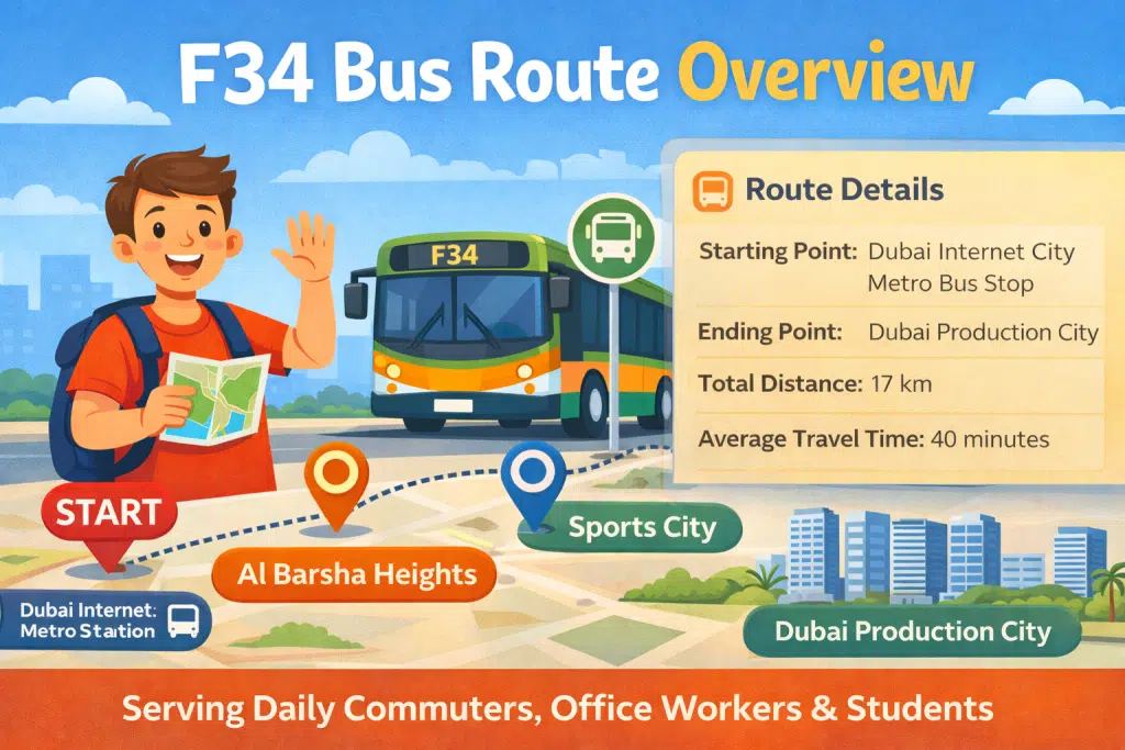 F34 bus route overview Dubai showing Internet City to Dubai Production City with distance travel time and stops illustration