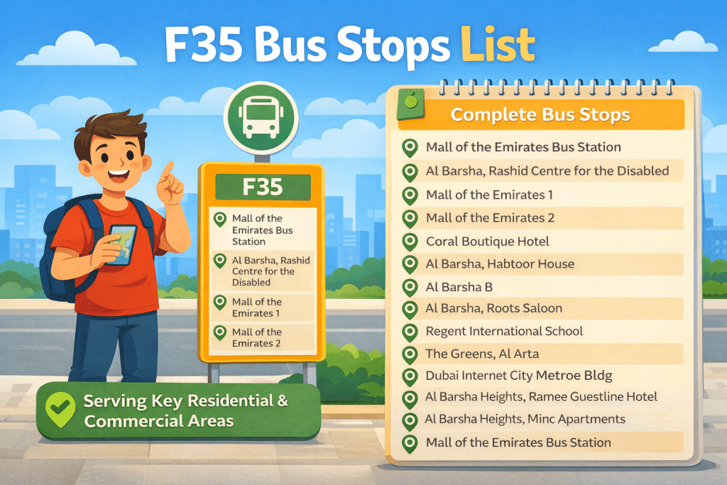 F35 bus stops list Dubai showing all stops from Mall of the Emirates to The Greens with route points illustration