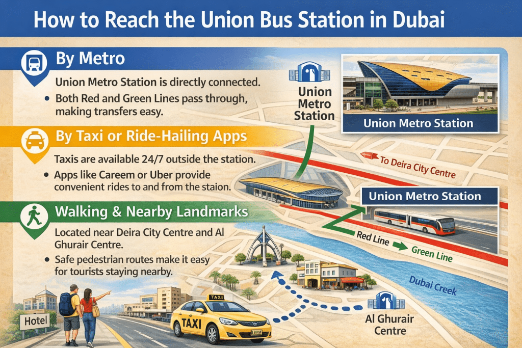 How to reach Union Bus Station Dubai by metro, taxi, and walking map showing Union Metro Station, Red and Green Lines, Deira City Centre, and Al Ghurair Centre