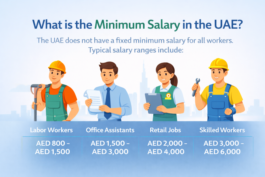 Minimum salary in UAE illustration showing salary ranges for labor workers office assistants retail jobs and skilled workers in AED