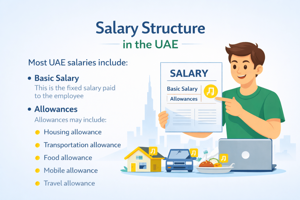 Salary structure in UAE illustration showing basic salary and allowances including housing, transport, food and travel