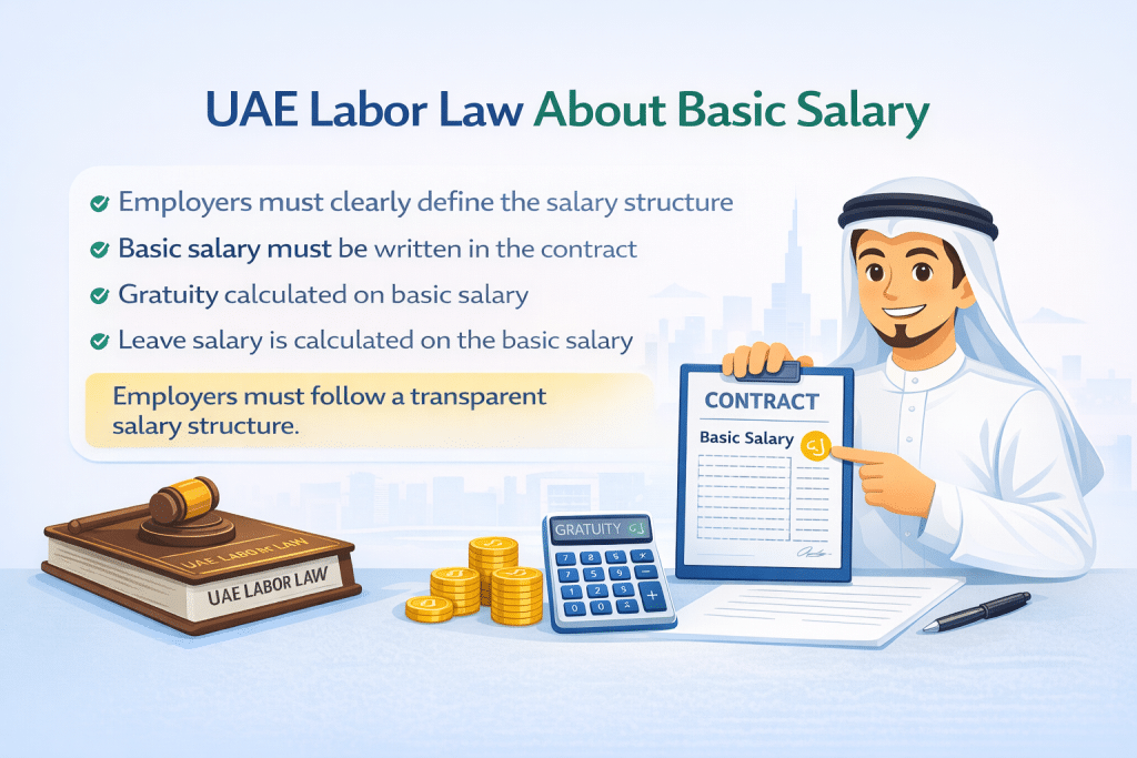 UAE labor law basic salary illustration showing contract salary structure gratuity and leave salary calculation in UAE