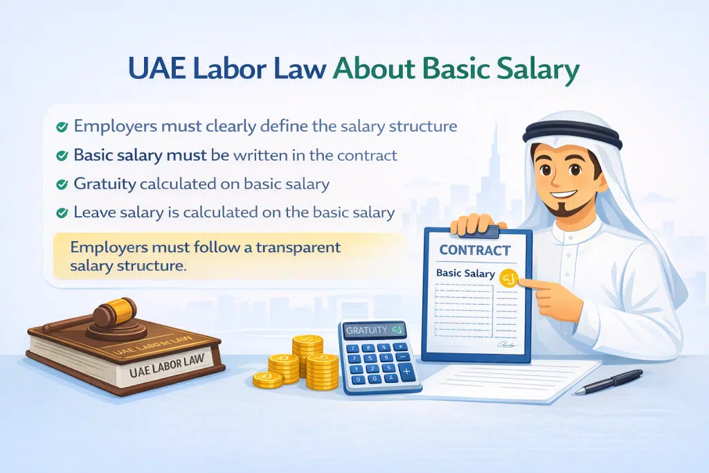 UAE labor law basic salary illustration showing contract salary structure gratuity and leave salary calculation in UAE