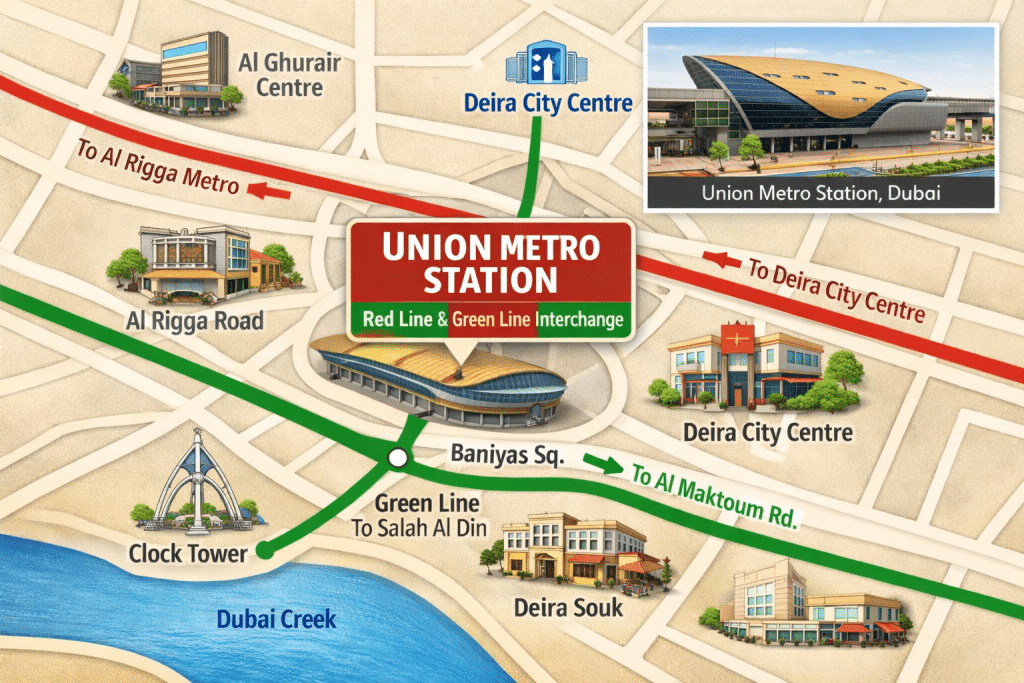 Union Metro Station Dubai map showing Red and Green Line interchange with nearby locations like Al Ghurair Centre, Deira City Centre, Al Rigga Road, and Baniyas Square