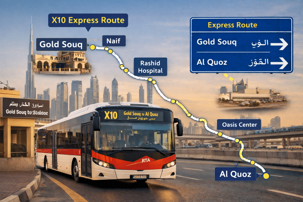 X10 express bus route from Gold Souq to Al Quoz in Dubai showing key stops like Naif, Rashid Hospital, and Oasis Center.