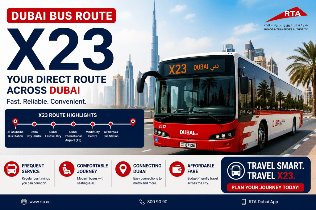 X23 Dubai bus route promotional image showing a modern red bus with Dubai skyline and key route stops.