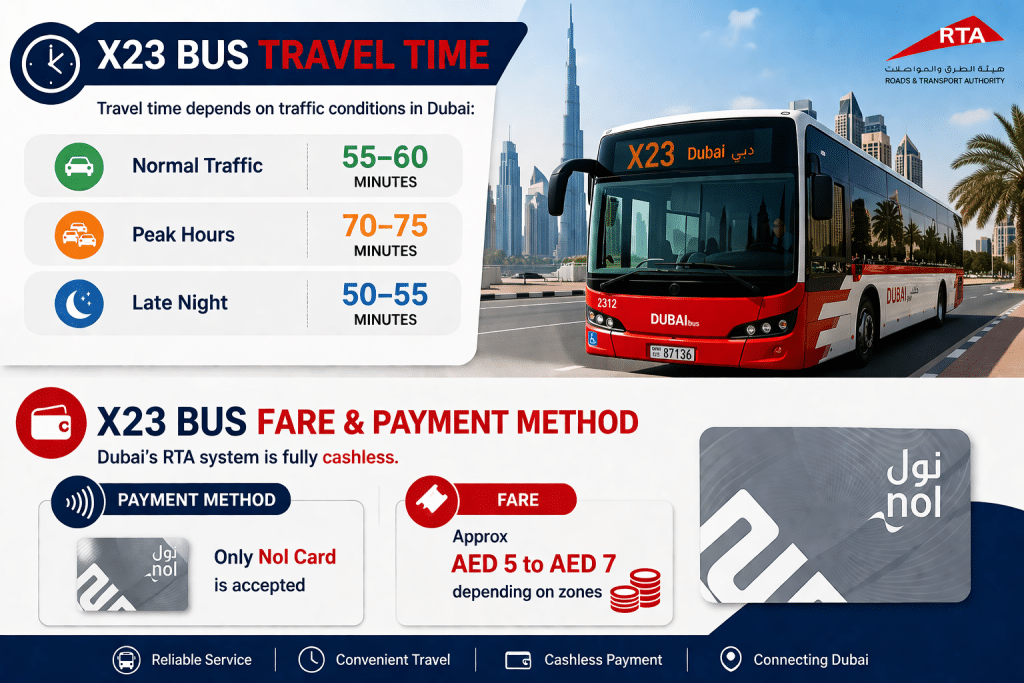 X23 Dubai bus travel time and fare infographic showing timings, Nol card payment, and fare range.