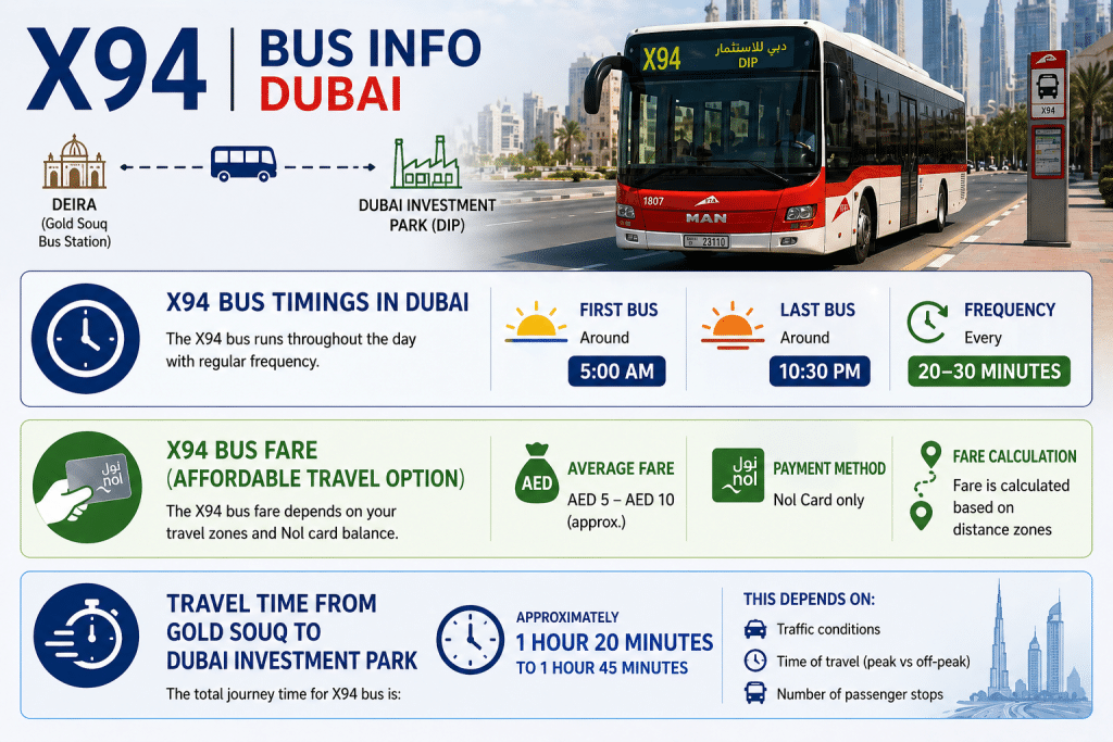 X94 bus timings, fare, and travel time infographic in Dubai showing schedule, cost, and journey duration.