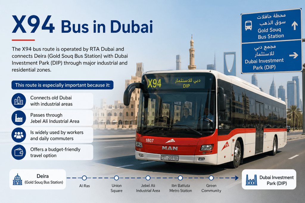 X94 bus in Dubai route infographic showing Deira to Dubai Investment Park with key stops and features.