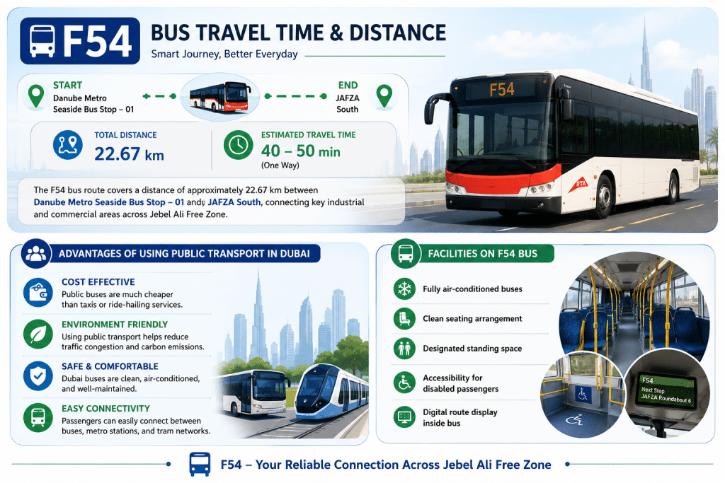 F54 bus travel time and distance infographic showing 22.67 km route, 40–50 minute journey, public transport benefits, and onboard bus facilities in Dubai.