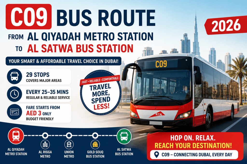 C09 Bus Route infographic showing bus service from Al Qiyadah Metro Station to Al Satwa Bus Station in Dubai 2026 with route highlights, fare, stops, and modern RTA bus design.