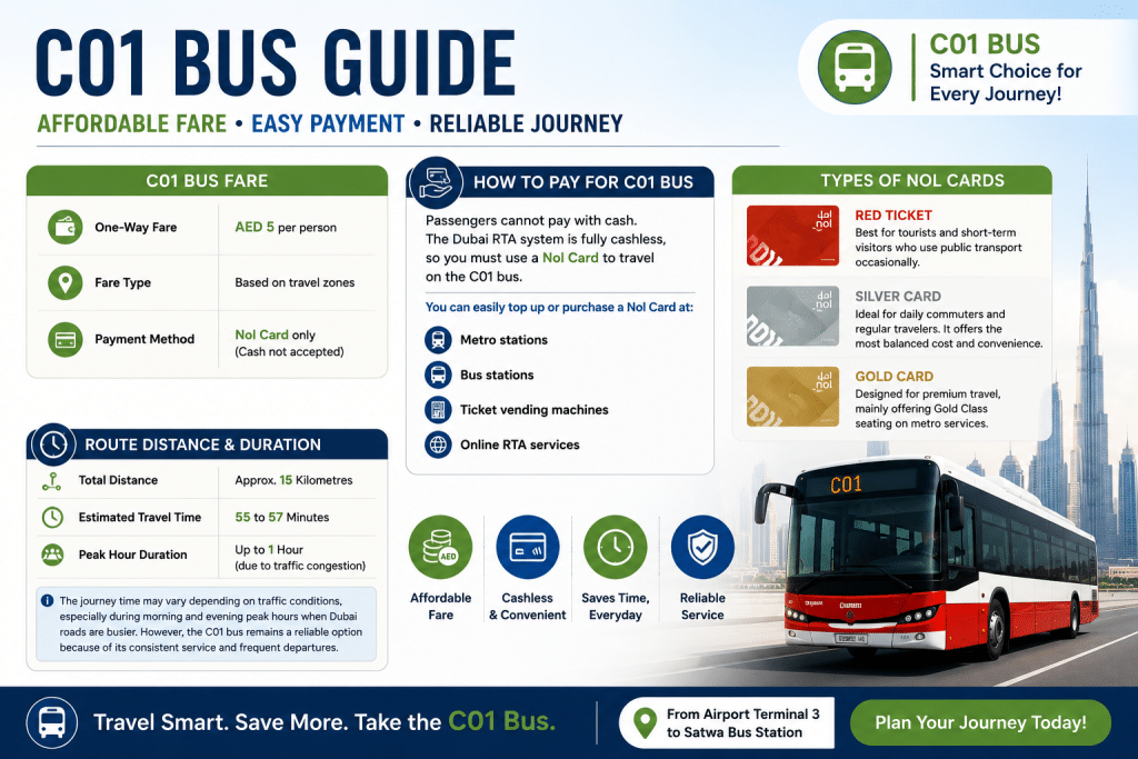 C01 bus fare and travel guide infographic showing Nol card payment options, ticket prices, travel duration, and Dubai bus service details.