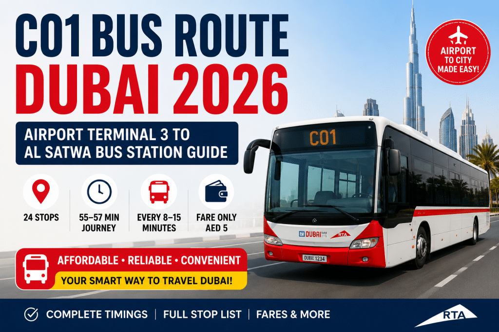C01 Bus Route Dubai 2026 infographic showing Airport Terminal 3 to Al Satwa Bus Station with key route highlights, bus image, timings, fare, and travel details.