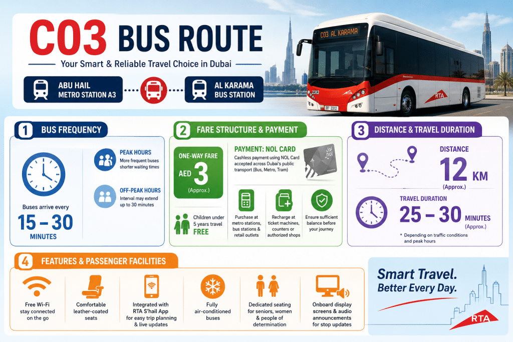 C03 Dubai bus route infographic showing bus frequency, AED 3 fare, 12 km distance, travel duration, and passenger facilities with a modern RTA bus design.