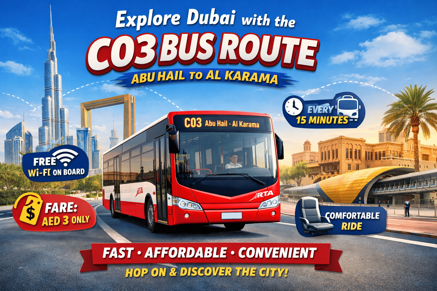 C03 bus route Dubai promotional image showing RTA bus traveling from Abu Hail to Al Karama with city landmarks, fare, Wi-Fi, comfort, and 15-minute frequency highlights.