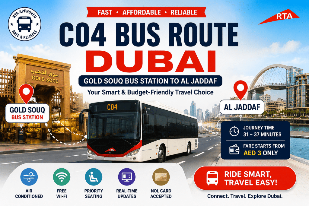 C04 bus route Dubai infographic showing travel from Gold Souq Bus Station to Al Jaddaf Government Workshop with timing, fare, and bus facilities.