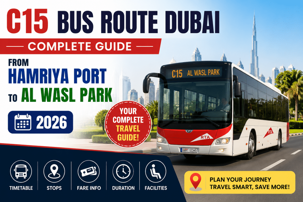 C15 Bus Route Dubai 2026 complete guide banner showing bus from Hamriya Port to Al Wasl Park with route highlights, stops, fare, and timetable in a modern infographic style.