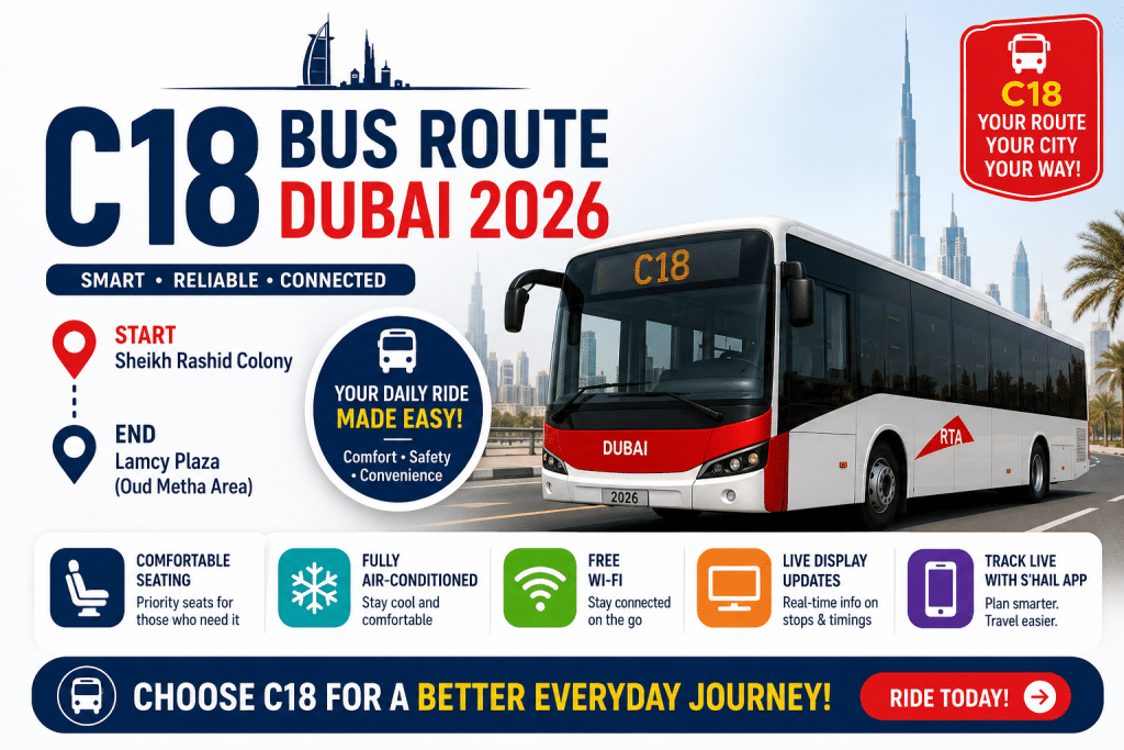 C18 Bus Route Dubai 2026 infographic showing Sheikh Rashid Colony to Lamcy Plaza route with modern RTA bus, travel features, and passenger facilities.