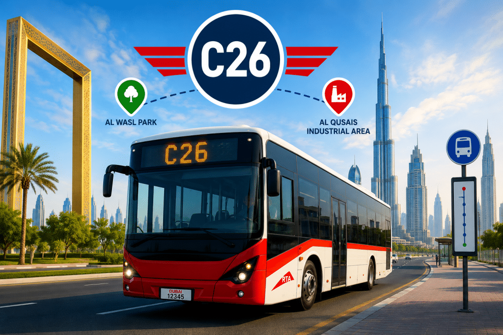 C26 bus route Dubai promotional banner showing bus traveling between Al Wasl Park and Al Qusais Industrial Area with Dubai skyline.