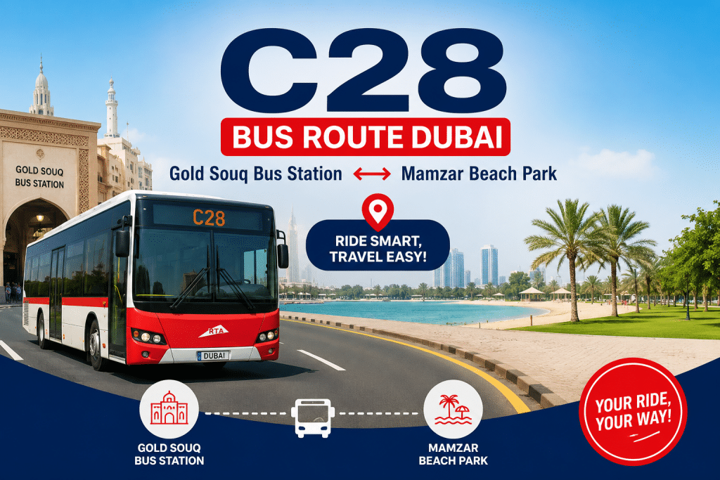 C28 Bus Route Dubai promotional image showing bus traveling from Gold Souq Bus Station to Mamzar Beach Park with clear route highlights and travel call-to-action.