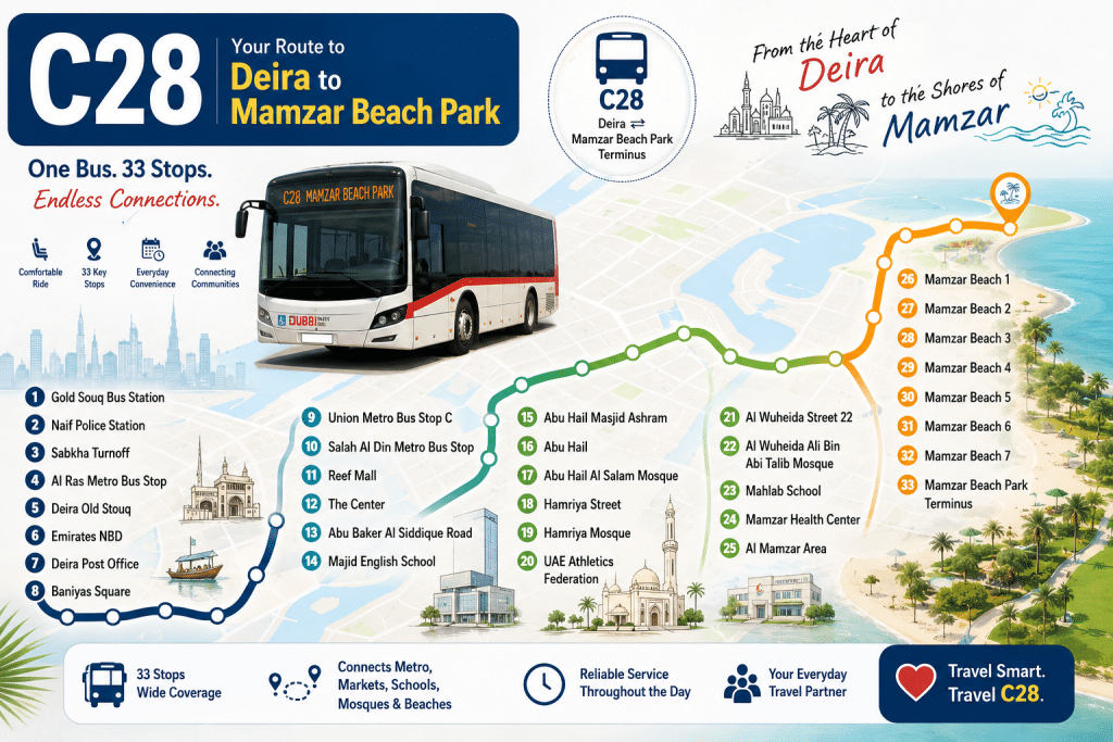 Infographic map of C28 bus route from Gold Souq Bus Station to Mamzar Beach Park showing 33 stops with a bus illustration, route line, and key landmarks across Deira and Mamzar area.