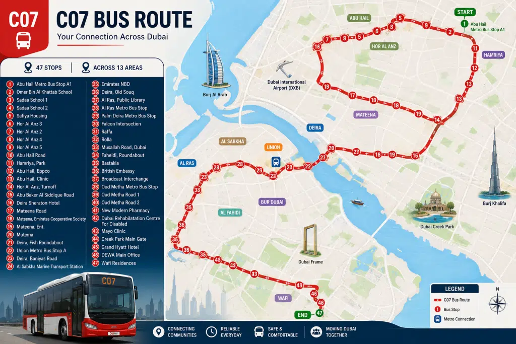C07 bus route map showing a detailed 47-stop journey from Abu Hail Metro Bus Stop A1 to Wafi Residences across Dubai with highlighted areas and route line.