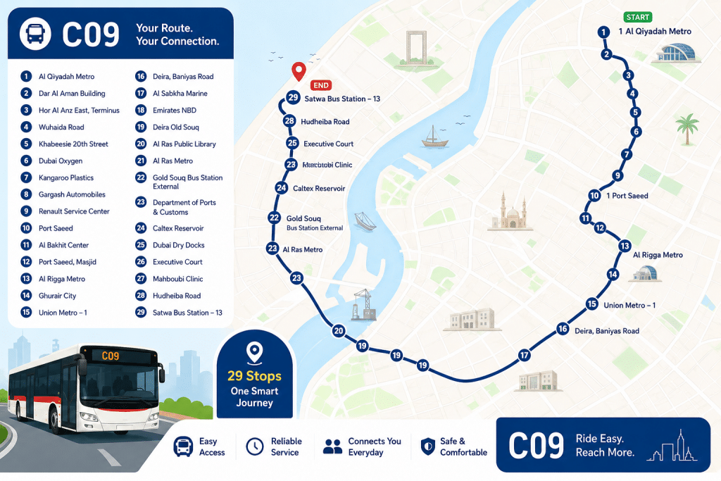 C09 bus route infographic map showing all 29 stops from Al Qiyadah Metro to Satwa Bus Station with a highlighted route line.