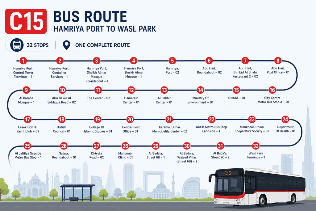 C15 Bus Route Dubai infographic map showing 32 stops from Hamriya Port to Wasl Park with a clean numbered route layout.