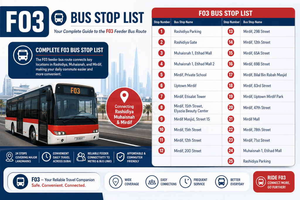 F03 bus stop list infographic showing a Dubai feeder bus, route stops from Rashidiya Parking to Mirdif, and complete F03 stop sequence table.
