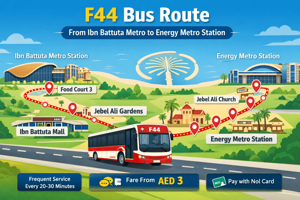 F44 bus route stops list map showing Ibn Battuta Metro Station to Energy Metro Station via Jebel Ali Gardens with all stops in Dubai RTA feeder bus route