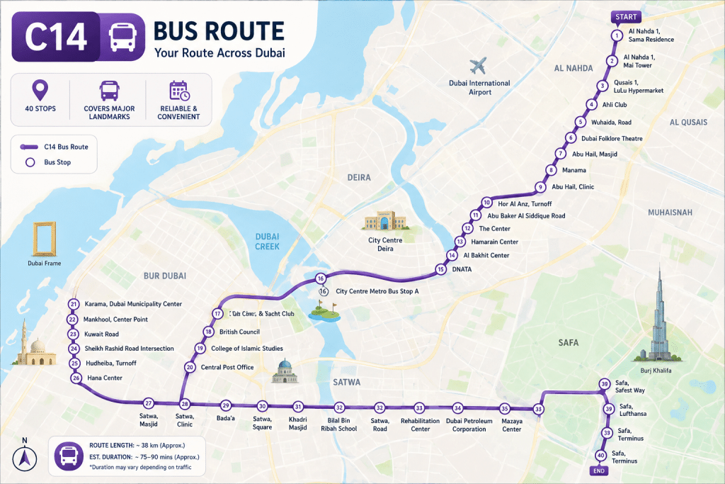 C14 bus route Dubai infographic map showing the full route from Al Nahda 1 to Safa Terminus with highlighted stops and landmarks across Dubai.
