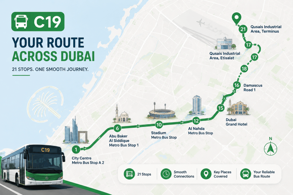 Modern 3:2 infographic map showing the Dubai C19 bus route from City Centre Metro Bus Stop to Qusais Industrial Area Terminus with a green route line and bus illustration.
