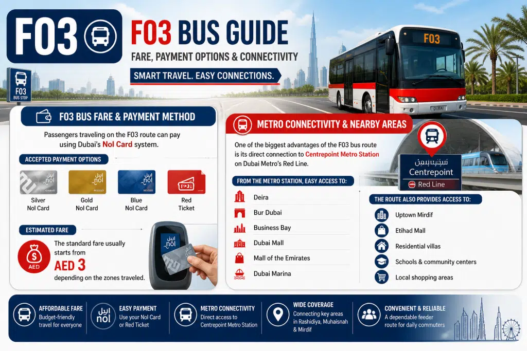 F03 feeder bus route Dubai graphic showing Centrepoint Metro Station to Mirdif West with bus, route sign, and key travel information.