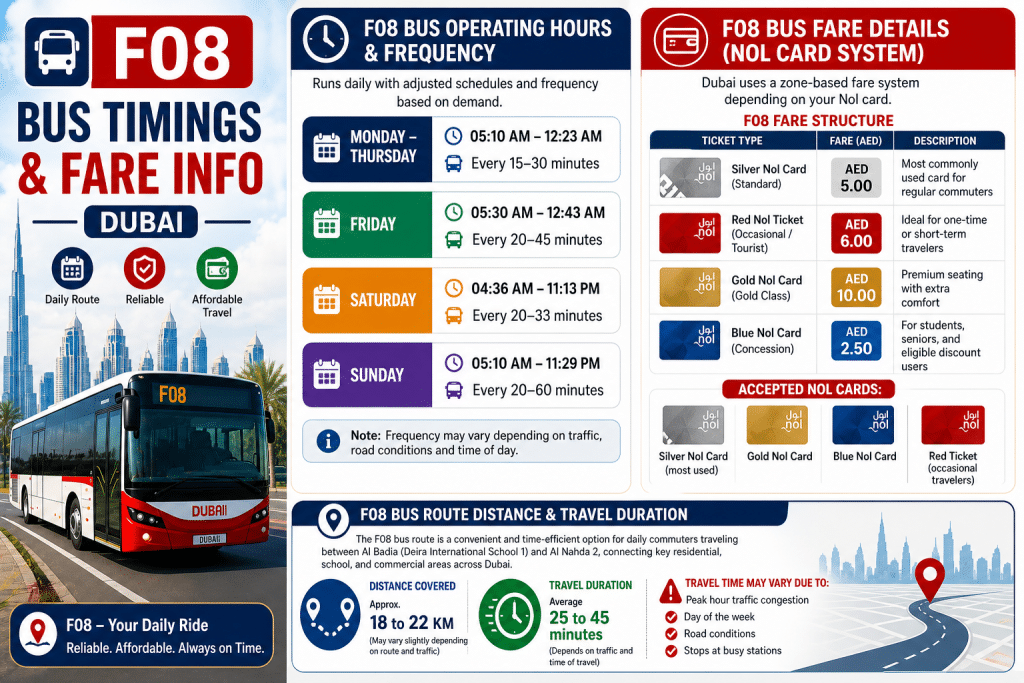 F08 bus timings, fare details, weekly schedule, Nol card prices, distance, and travel duration in Dubai.