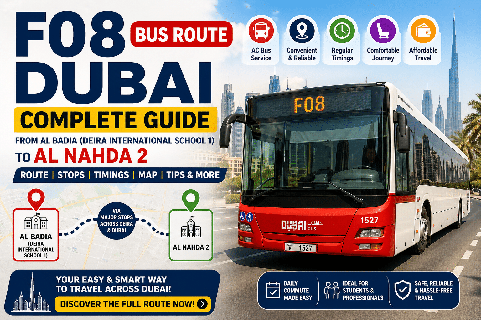 F08 Bus Route Dubai complete guide banner showing bus traveling from Al Badia (Deira International School 1) to Al Nahda 2 with route highlights and city skyline.