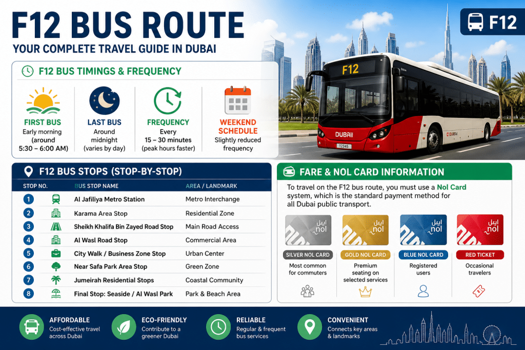 F12 bus route Dubai timings, stops, frequency and Nol card fare infographic