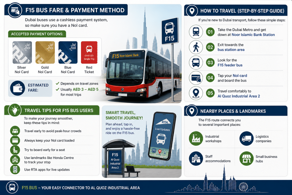 F21 Dubai bus route from Al Nahda Metro Station to Al Nahda 2 with modern bus, route map, and key travel features