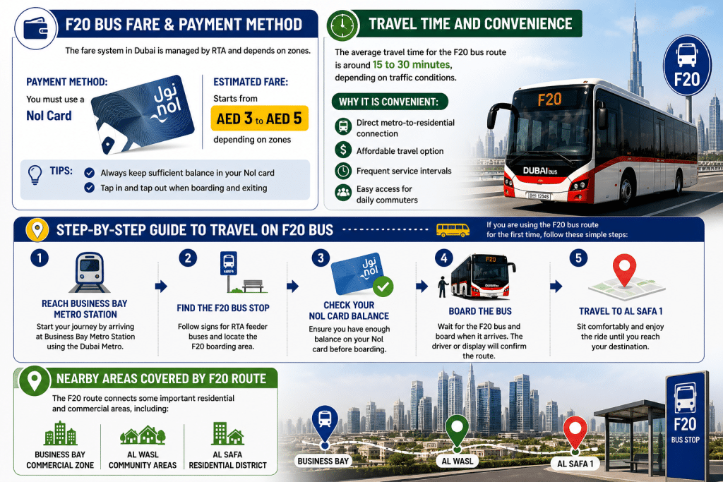 F20 bus fare, Nol card payment method, travel steps, and route coverage infographic in Dubai.