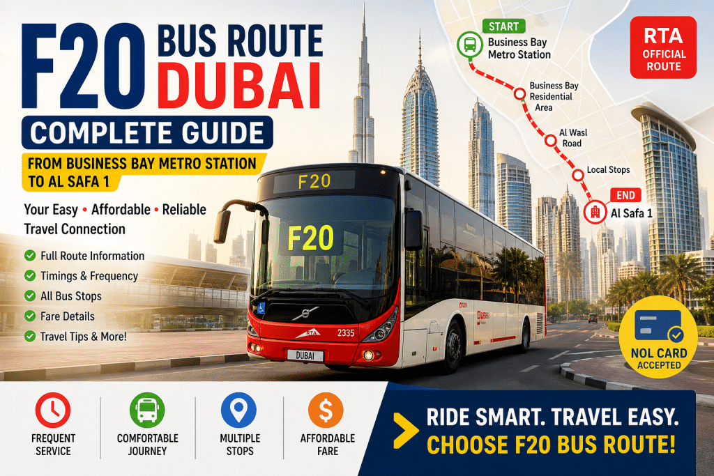 F20 Bus Route Dubai infographic showing route from Business Bay Metro Station to Al Safa 1 with bus, stops, and travel guide highlights.