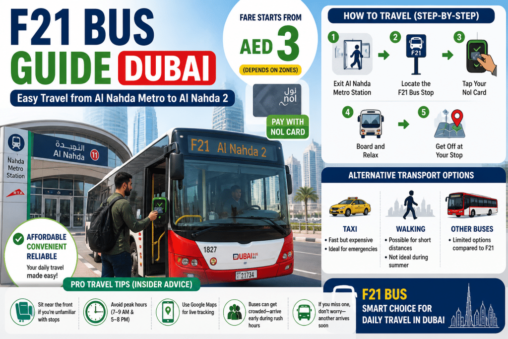F21 bus Dubai guide infographic showing fare from AED 3, Nol card payment, and route from Al Nahda Metro to Al Nahda 2