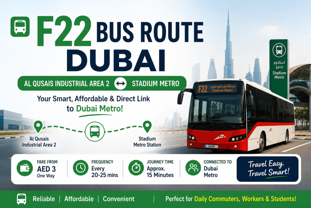 F22 Bus Route Dubai infographic showing Al Qusais Industrial Area 2 to Stadium Metro Station with fare, timing, and route details in a clean modern design.