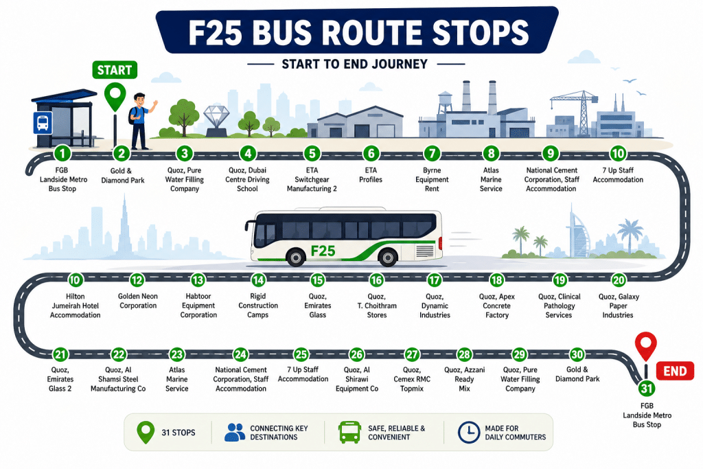 F25 bus route infographic showing bus traveling from start to end with multiple stops and animated commuter.