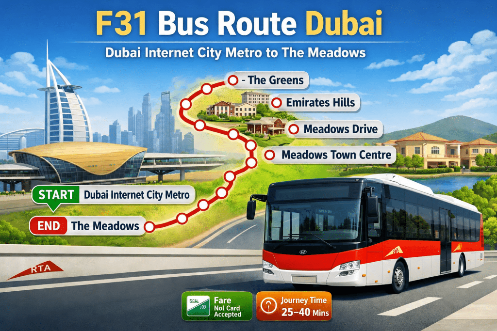F31 Bus Route Dubai infographic showing route from Dubai Internet City Metro to The Meadows with stops, fare info, and journey time.